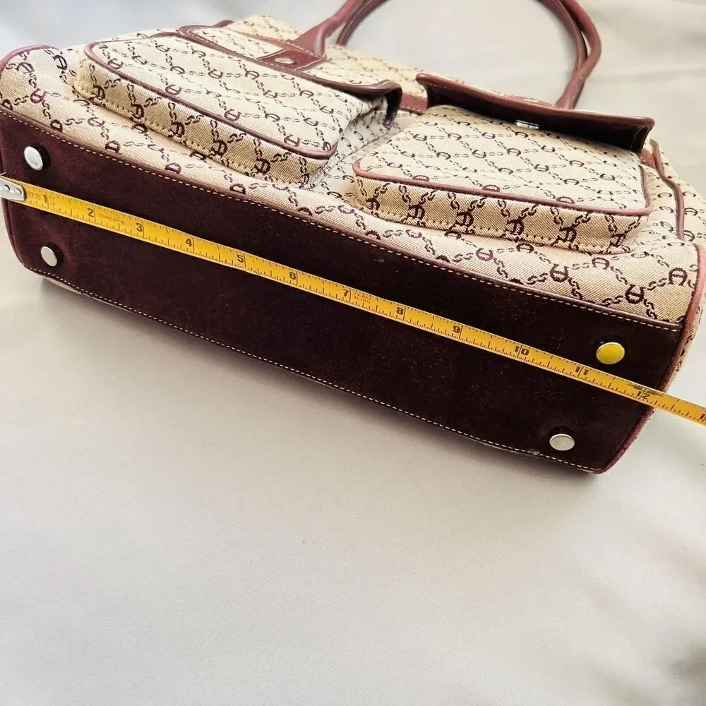 Vintage Etienne Aigner Logo Cotton Leather Travel Tote Bag Double Pocket Satchel